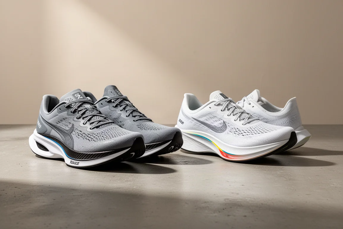 Due paia di scarpe da gara con piastra in carbonio New Balance affiancate su cemento