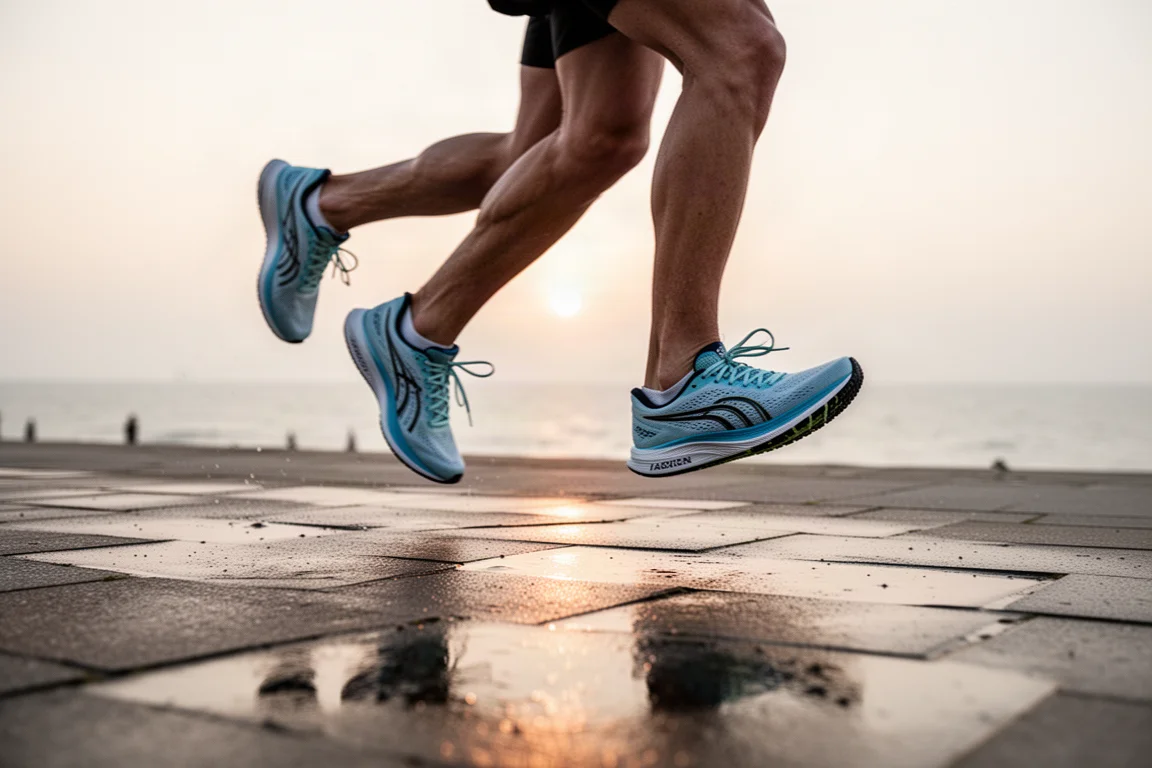 Pies de un corredor con zapatillas ligeras de competición avanzando por un paseo marítimo al amanecer