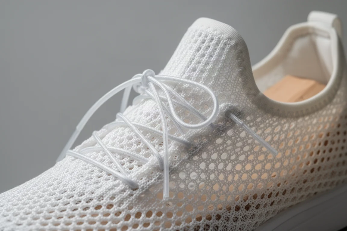 Primer plano del upper de malla translúcida de una zapatilla de competición que muestra su construcción ligera