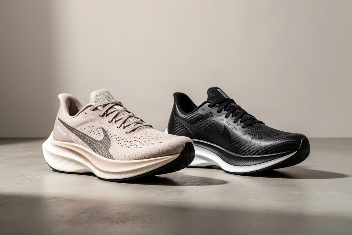Scarpe da running New Balance SC Elite V6 e Puma Deviate Nitro Elite 4 affiancate su cemento