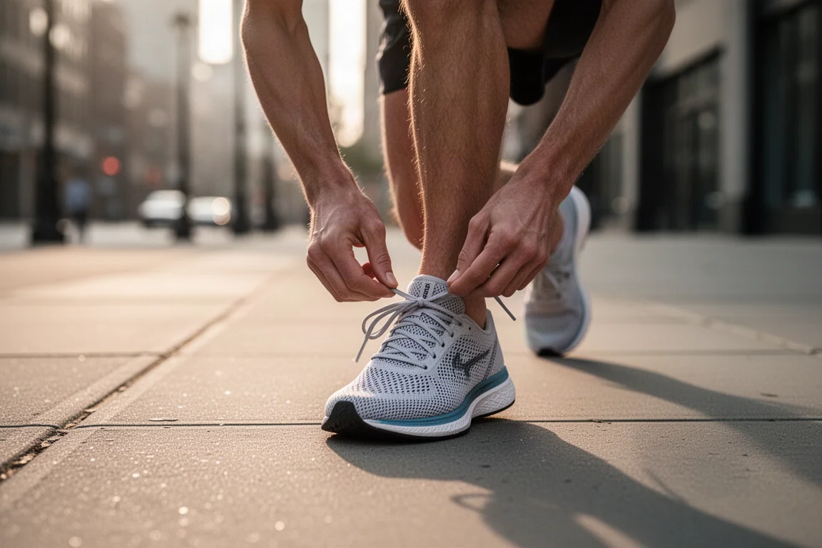 Runner lacing up a lightweight racing shoe on a city sidewalk at dawn