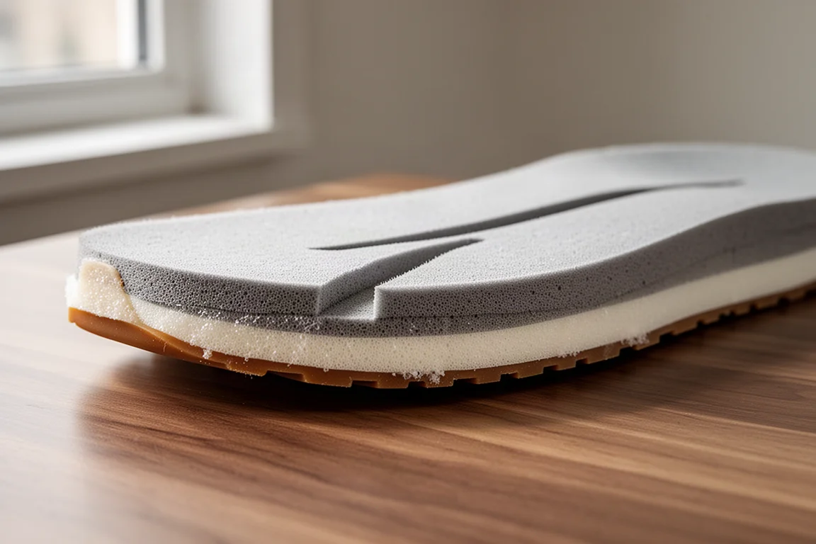 Close-up of a grooved carbon plate midsole under soft window light