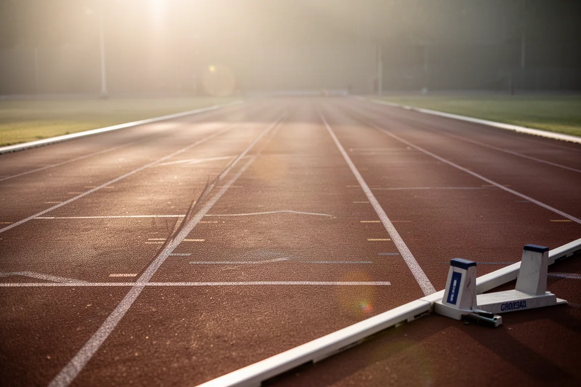 Track lane with lane lines and starting blocks in warm late-afternoon light