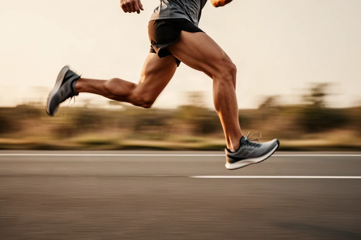 Runner mid-stride on an open road during a fast tempo session