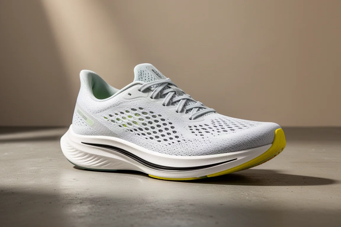 Lightweight racing shoe with grooved foam midsole on concrete surface