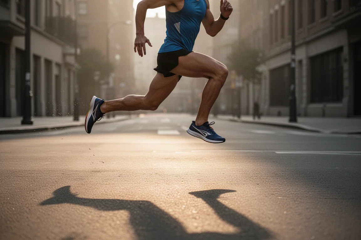Road racer surging through a 5K effort on city streets in soft morning light
