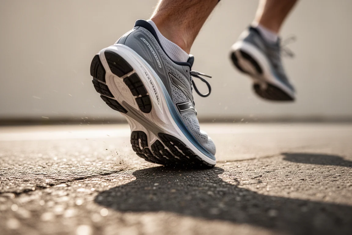 Close-up of a racing shoe forefoot gripping tarmac during a fast turnover