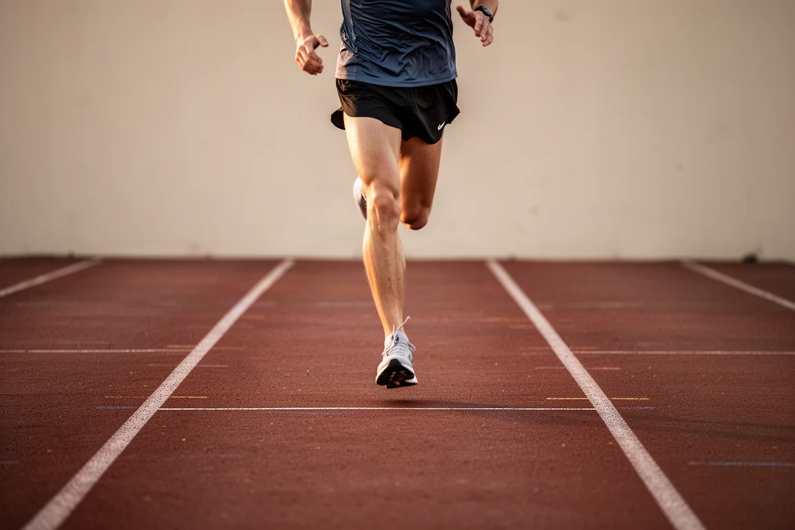 Track runner running a controlled interval workout in the evening