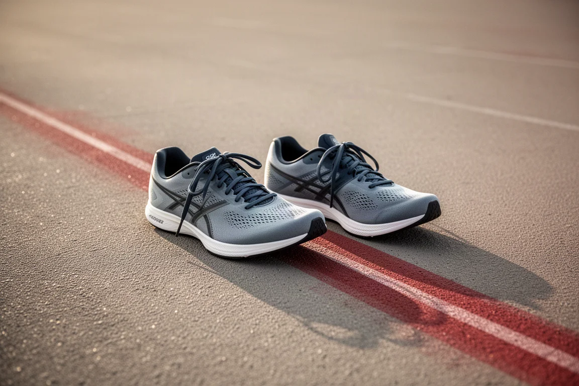Two racing shoes side by side on a track lane after a workout