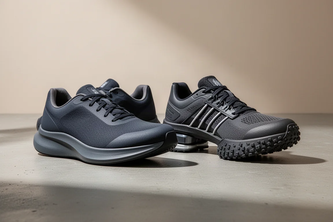 New Balance SC Pacer and Adidas Takumi Sen 8 racing shoes side by side on concrete