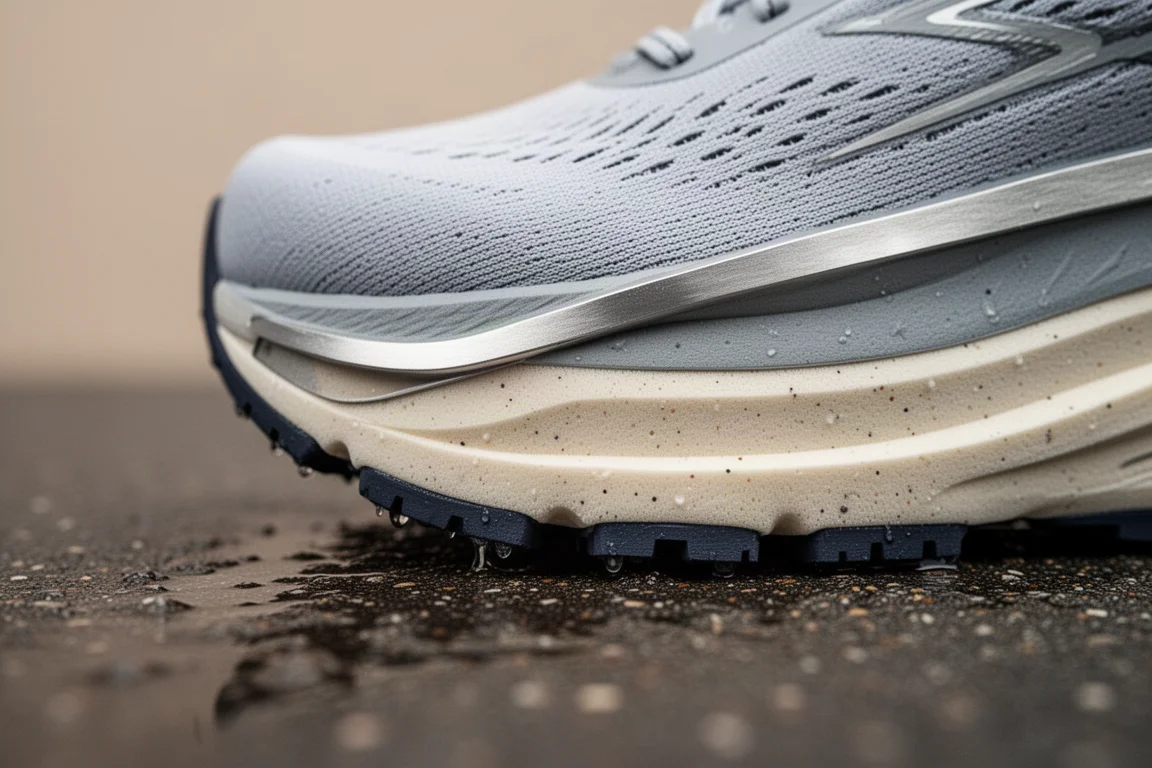 Close-up van de tussenzool en buitenzool van een plated hardloopschoen op nat wegdek