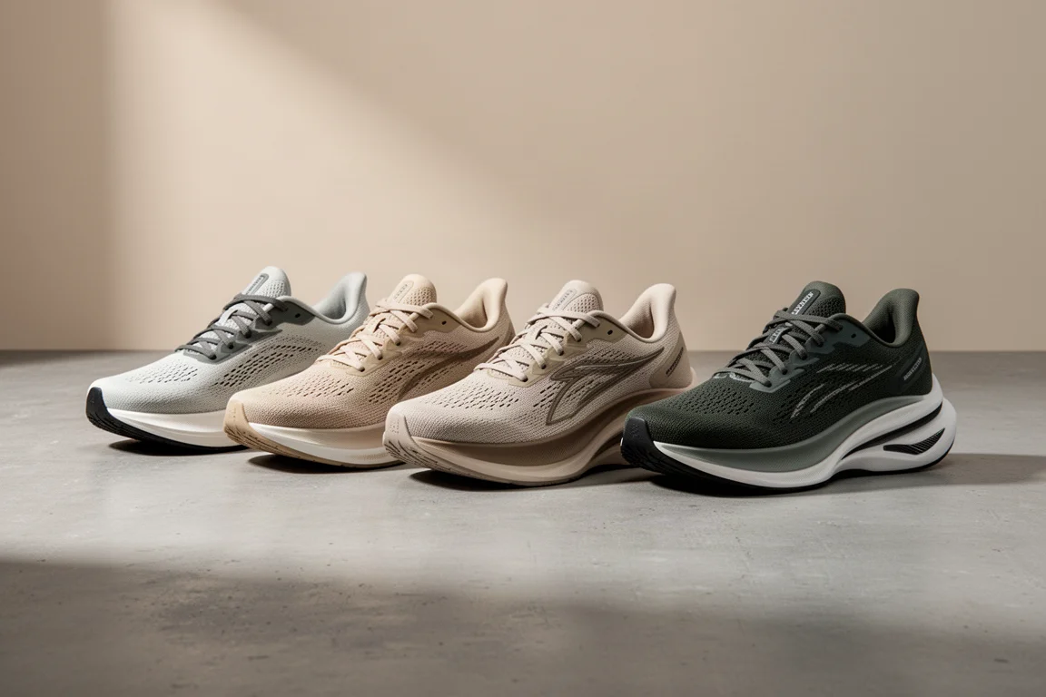 Five plated running shoes arranged in a row on a concrete surface