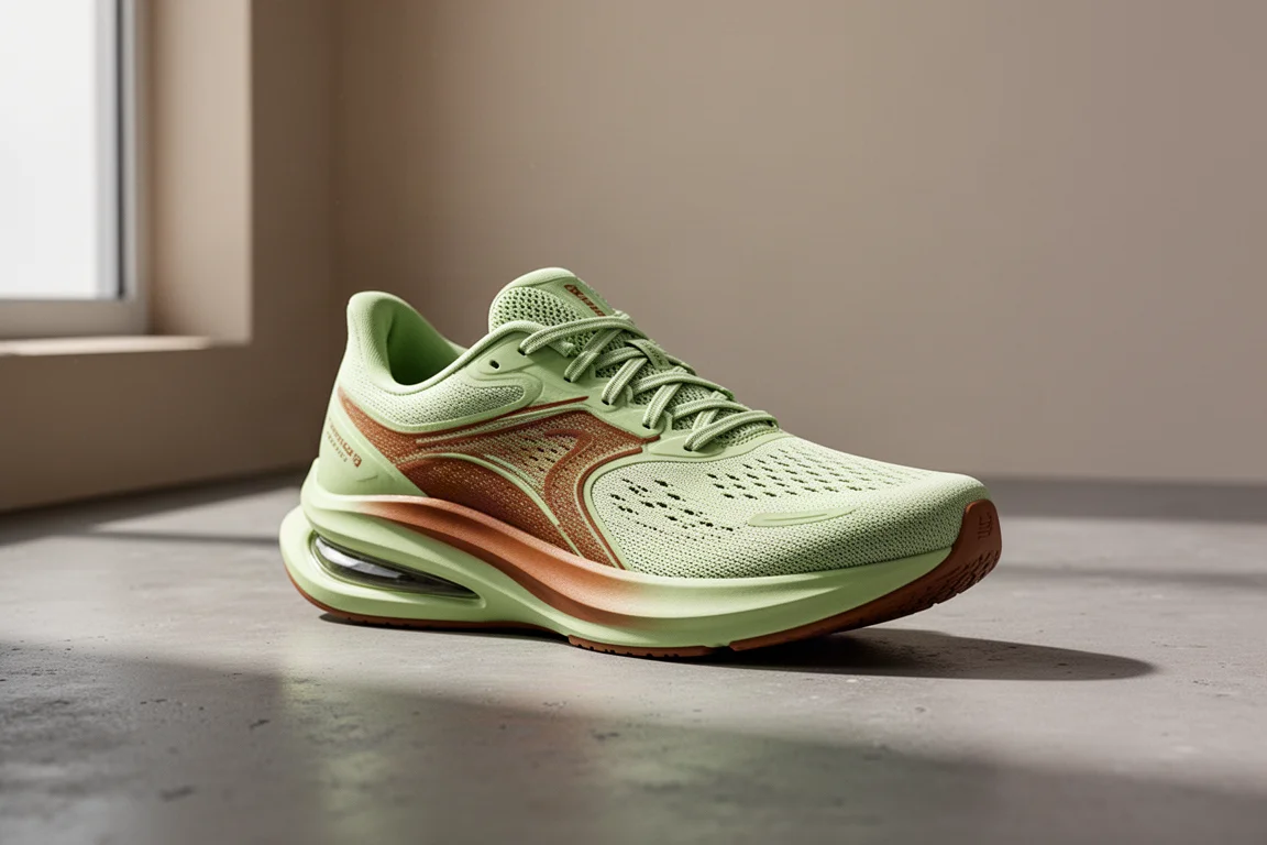 New Balance SC Rebel running shoe in pistachio and brown colorway on concrete