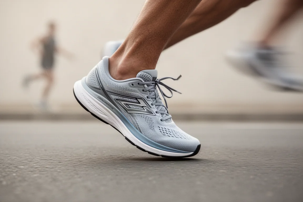 Gros plan sur une semelle intermédiaire blanche et moelleuse d'une chaussure de running pressée par un pouce
