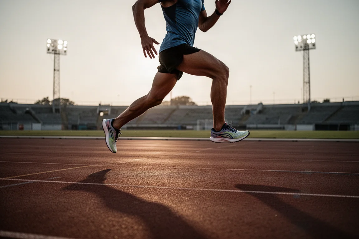 Dessous d'une chaussure de running montrant la plaque exposée et la couverture en caoutchouc