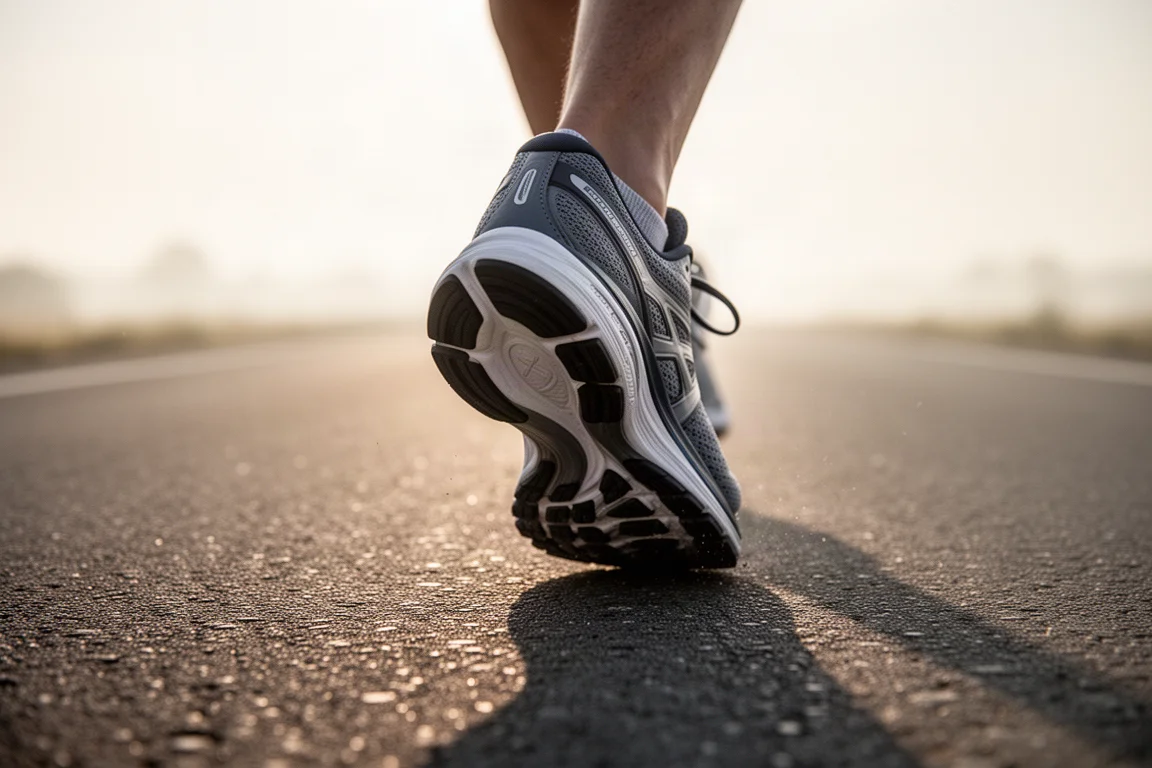 Runner loading a soft midsole heel at footstrike on open road