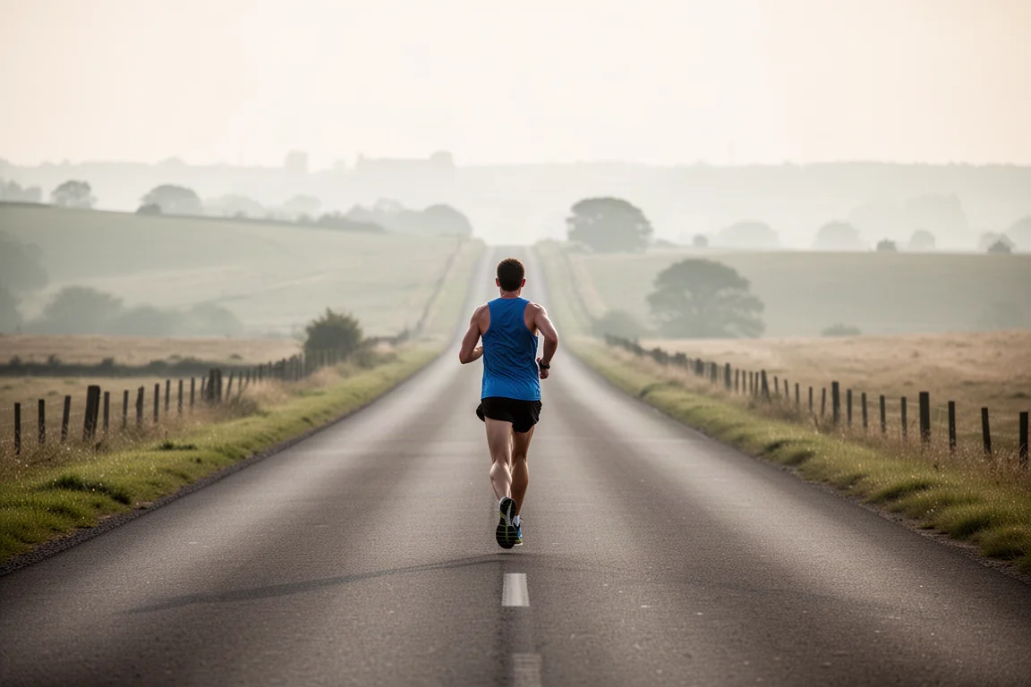 Marathon runner holding steady rhythm on a long road stretch