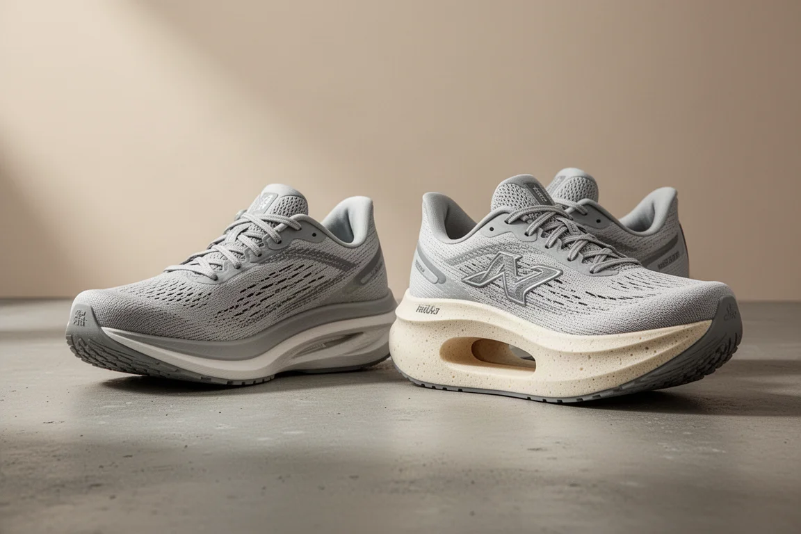 Side-by-side comparison of two running shoes with different midsole profiles