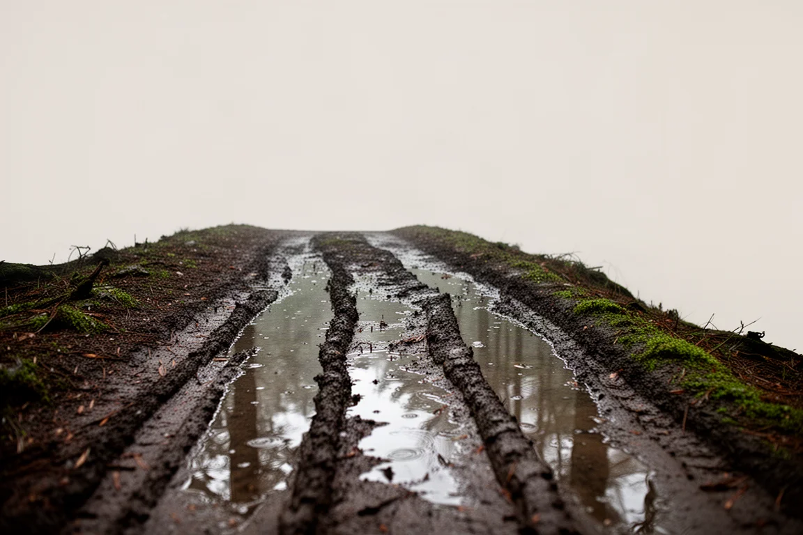 Trecho de trilha lamacento e molhado após chuva em ambiente de floresta