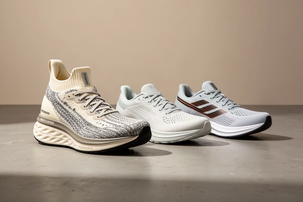 Tre scarpe da corsa allineate su una superficie in cemento