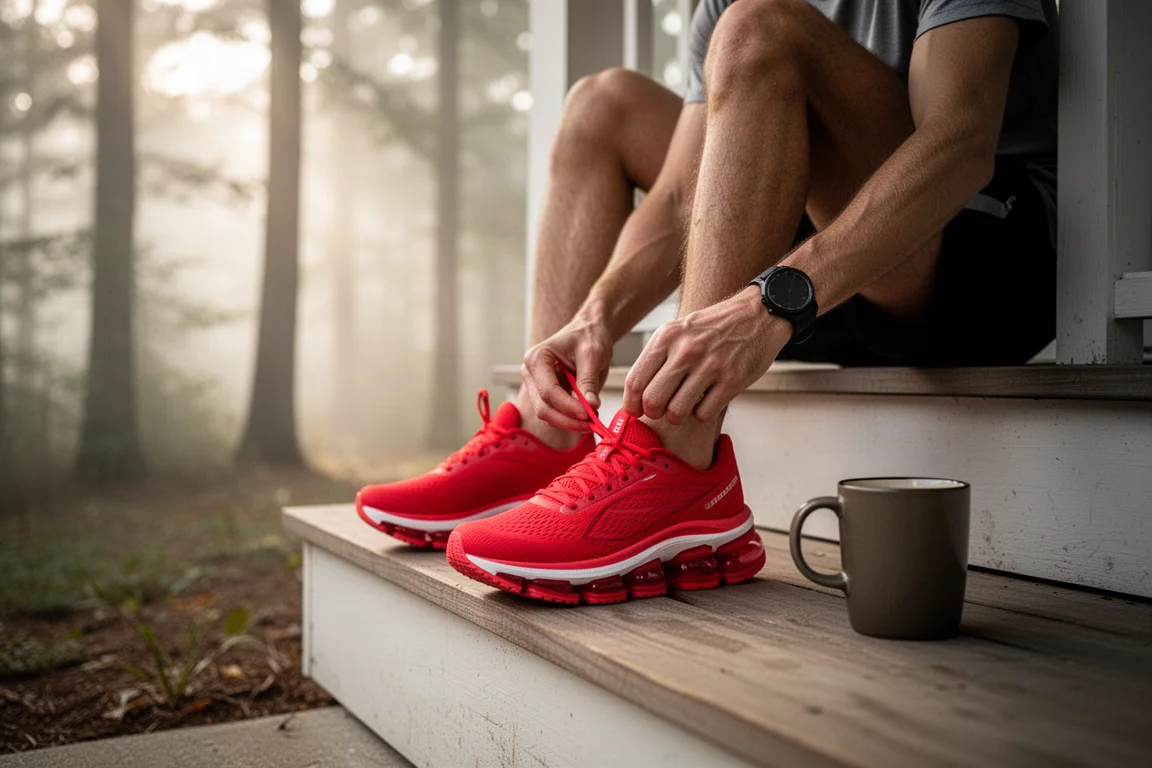 Läufer schnürt auf einer Veranda einen leuchtend roten Laufschuh mit Platte für einen frühen Morgenlauf