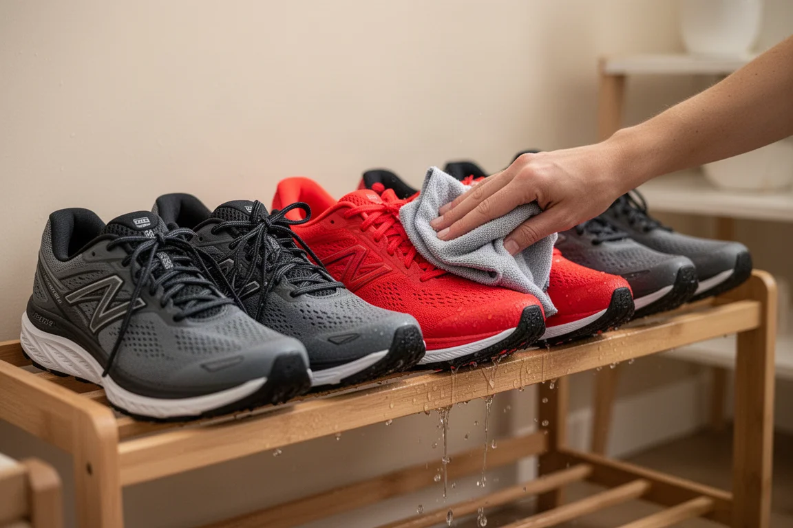 Laufschuhe stehen ordentlich im Regal und werden nach einem Regenlauf gereinigt