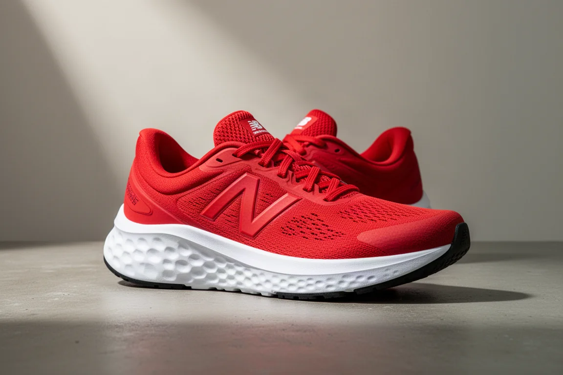 New Balance SC Trainer V2 running shoe in red with thick white midsole on concrete