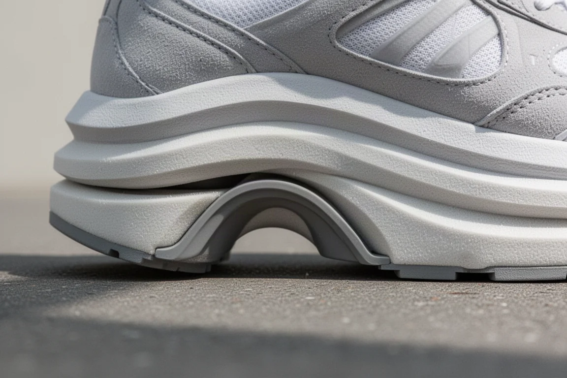 Gros plan sur une épaisse mousse blanche d'semelle intermédiaire avec une structure de plaque visible sous une chaussante de running