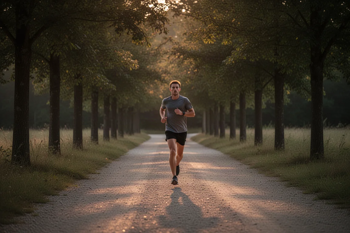 Tapis de course dans une salle de sport sombre avec des chaussantes de running posées sur la bande