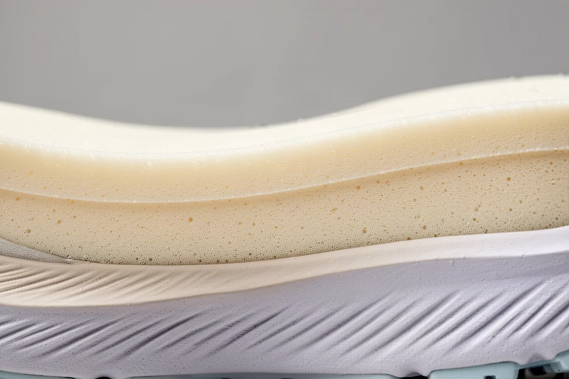 Nahaufnahme einer geschichteten Laufschuh-Mittelsohle mit zwei Schaumdichten
