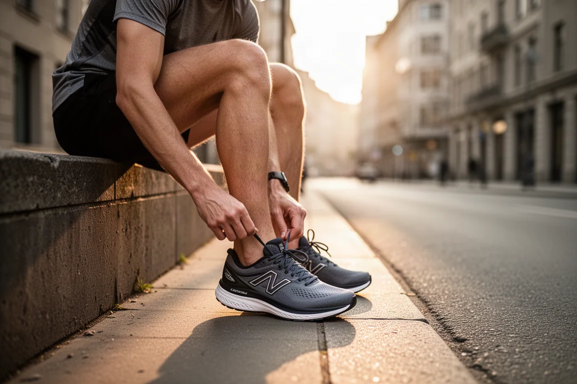 Runner lacing up a high-stack daily trainer on a city street at sunrise