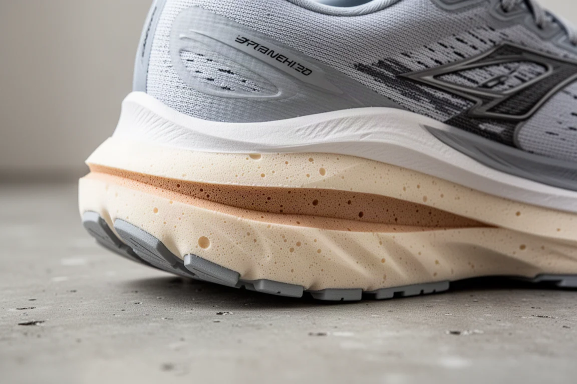 Close-up of a thick dual-foam running shoe midsole showing stack height