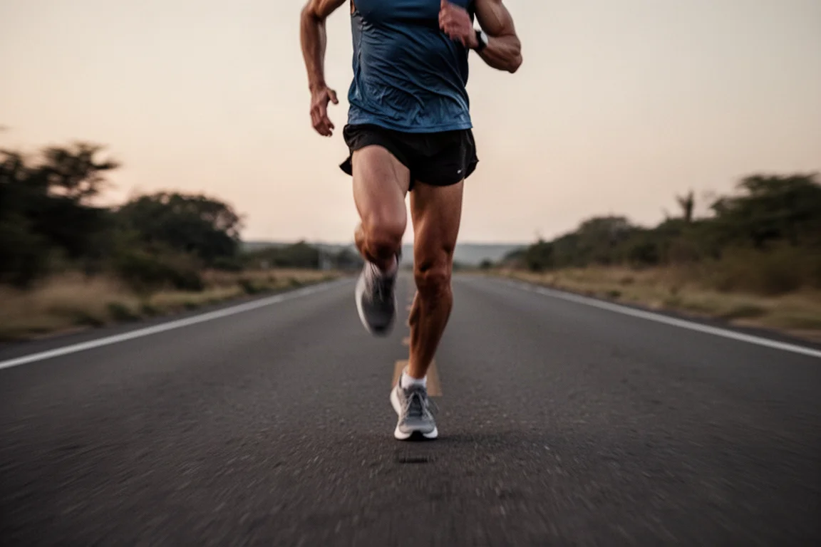 Runner turning over pace on an empty road during a tempo effort