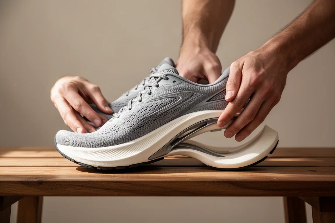 Zbliżenie na midsole buta do biegania wyginanego ręką, pokazujące sztywność płytki