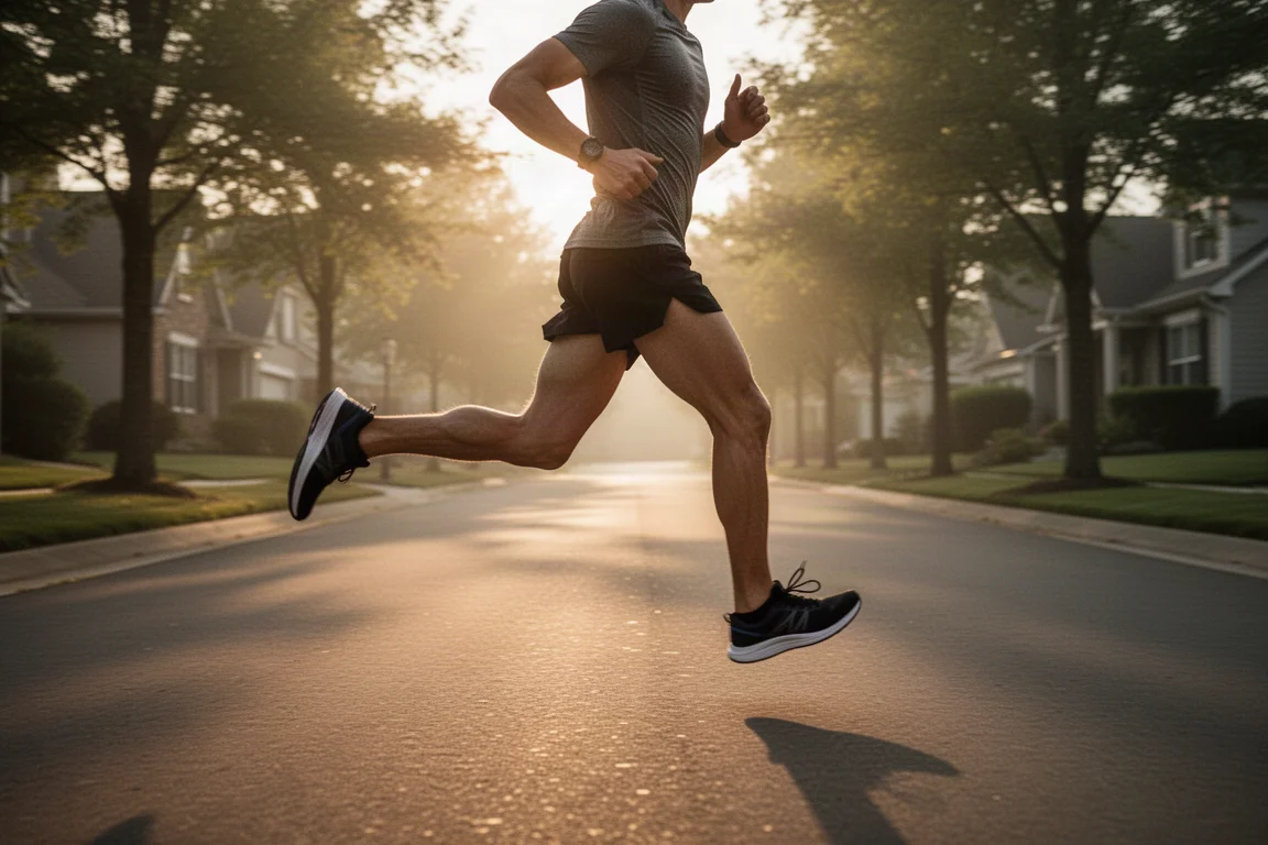 Runner cruising along a quiet paved road in early morning light