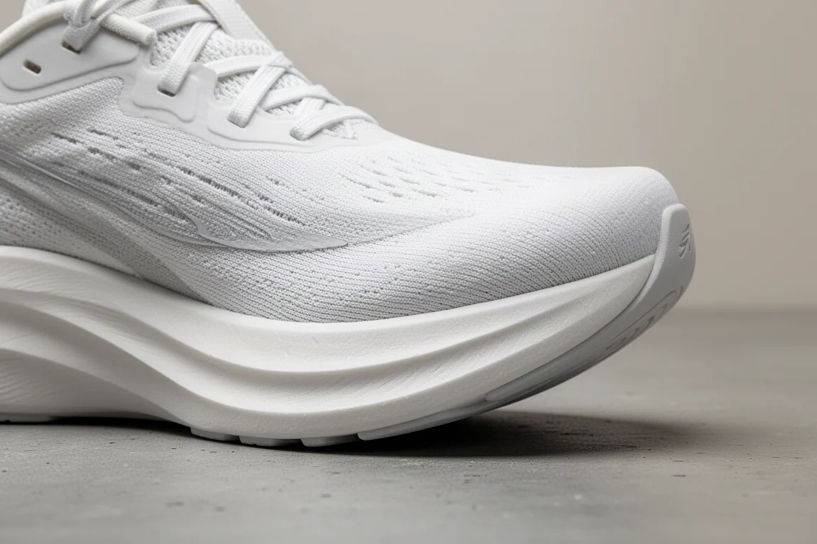 Close-up of a tall cushioned midsole showing the aggressive rocker curve