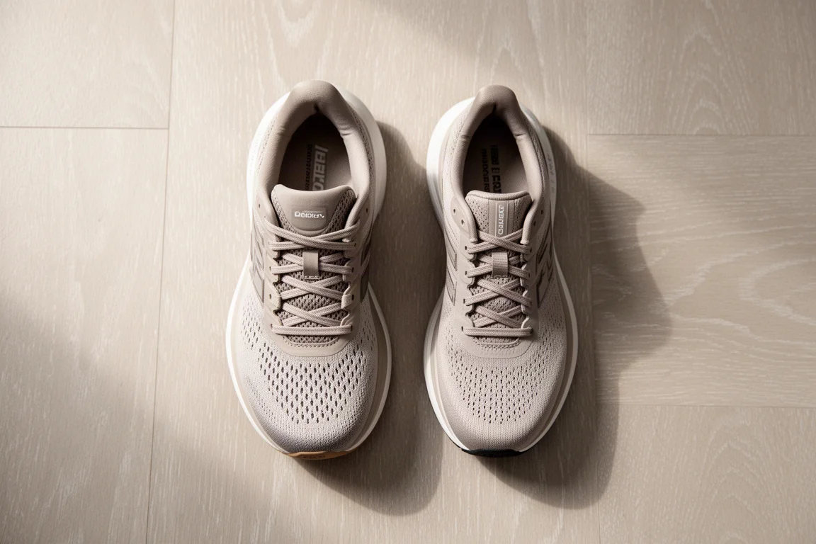 Two running shoes viewed from above on a wooden floor showing fit differences
