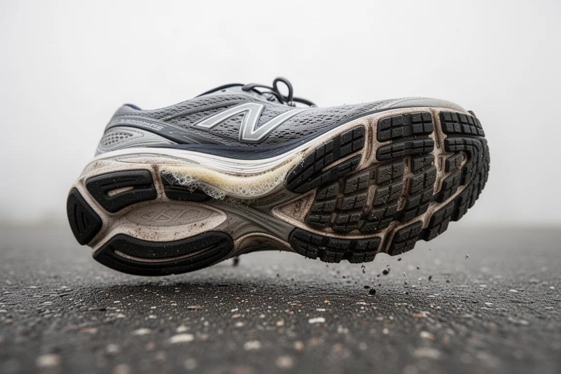 Worn outsole rubber of a running shoe photographed at ground level