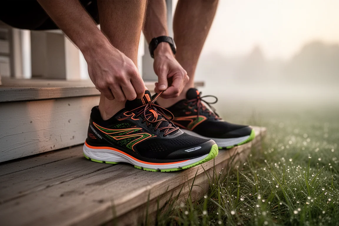Runner lacing up a black running shoe with orange accents before a morning run