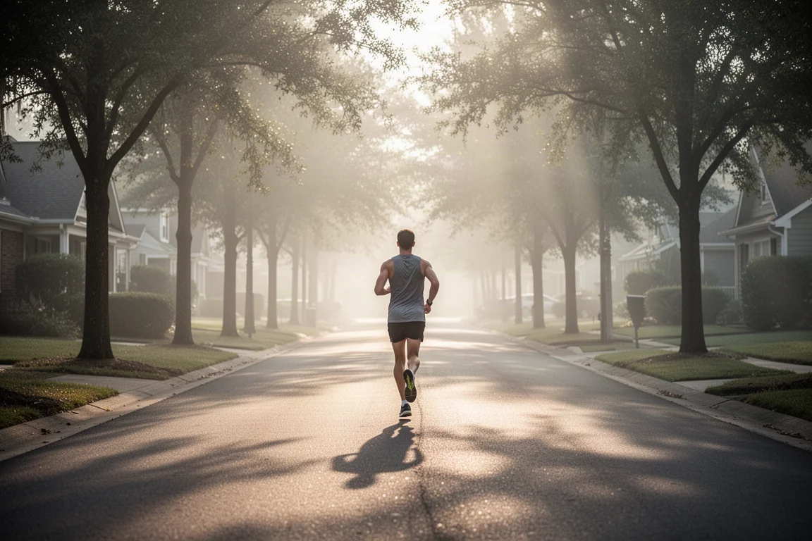 Runner logging steady miles on a quiet suburban road in early morning light