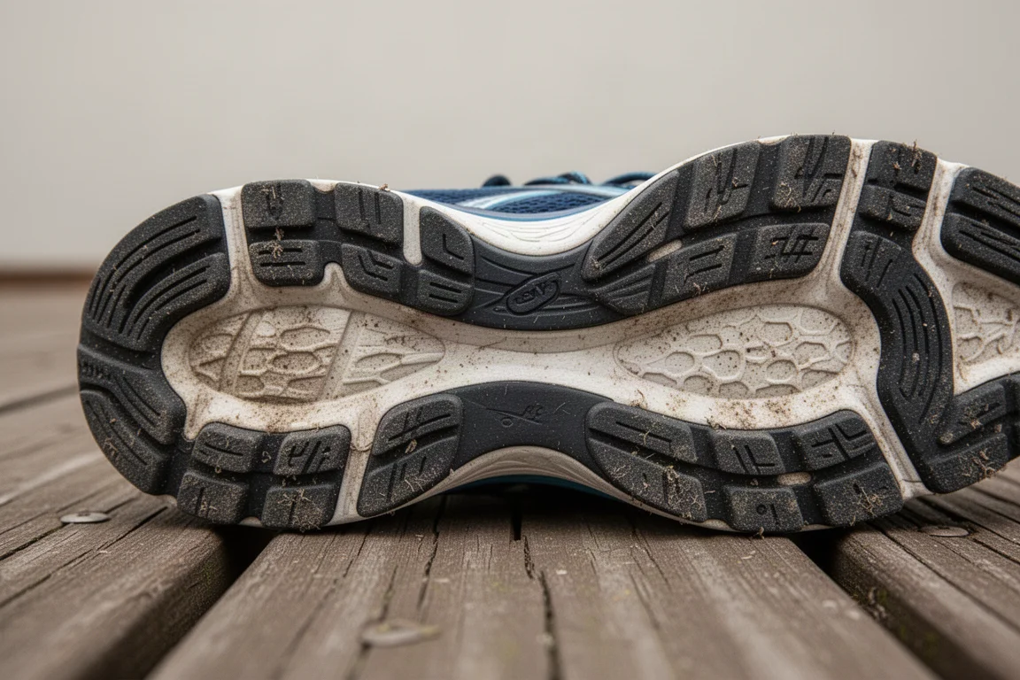 Shoe midsole showing visible outsole rubber wear after high mileage