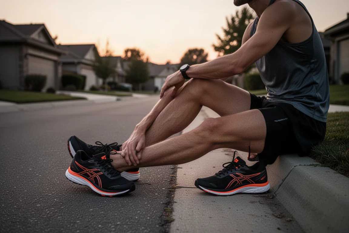 Runner stretching after a long double run day at dusk