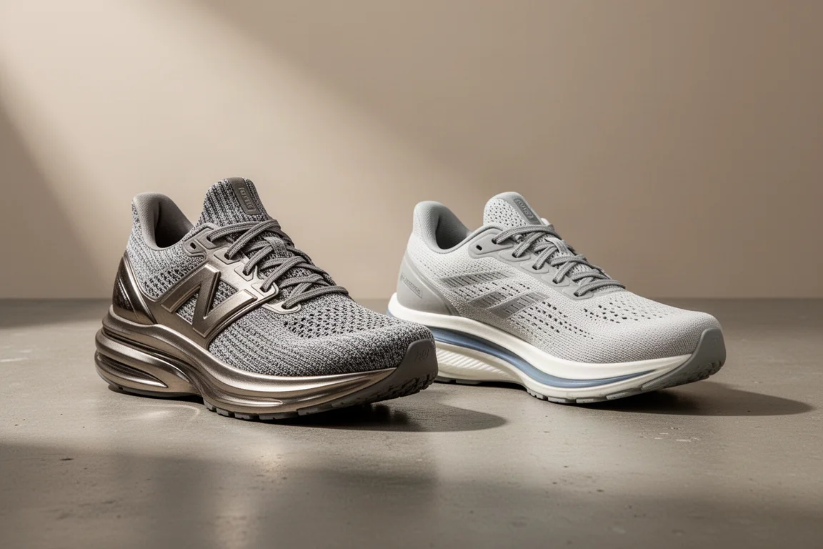Two cushioned running shoes side by side on a matte concrete surface