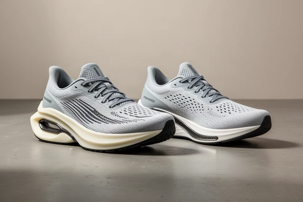 Two running shoes side by side showing different midsole stack heights
