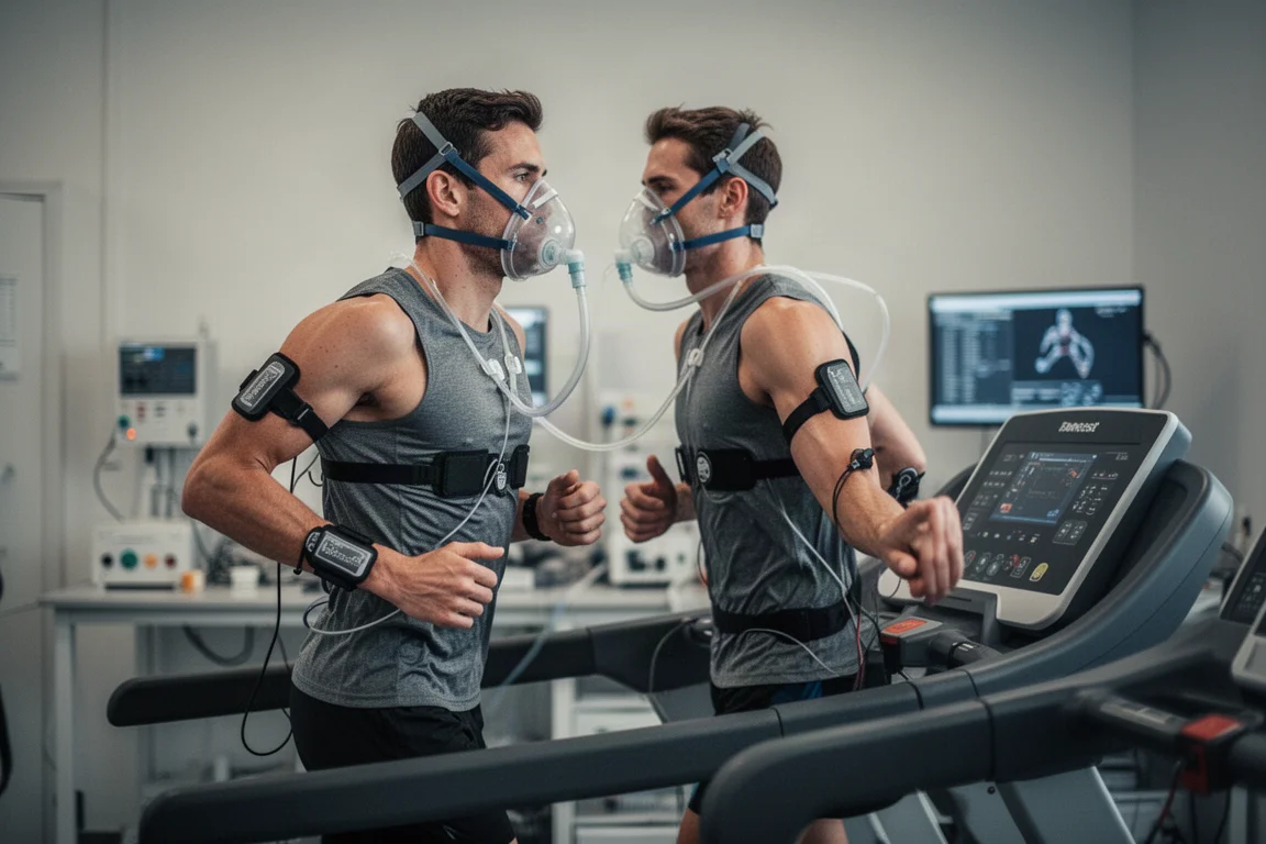 Hardlopende atleet op een loopband in een prestatietestlab