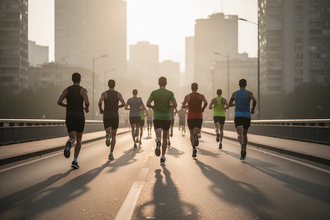 Groep hardlopers die samen trainen op een stadsweg bij zonsopgang