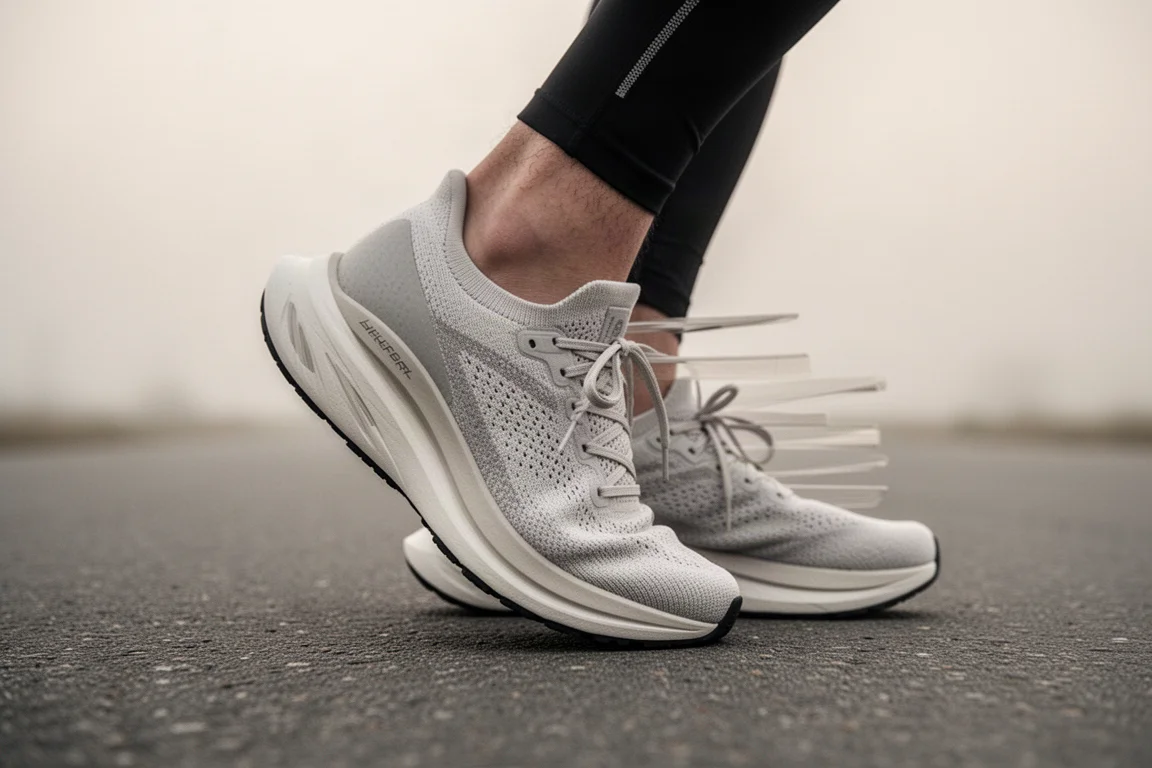 Hardloper die veter van een super trainer met hoge zool strikt op een rustig verhard pad