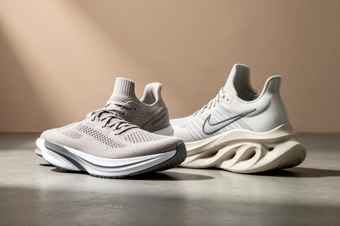 Two tall-stack super trainer running shoes side by side on concrete