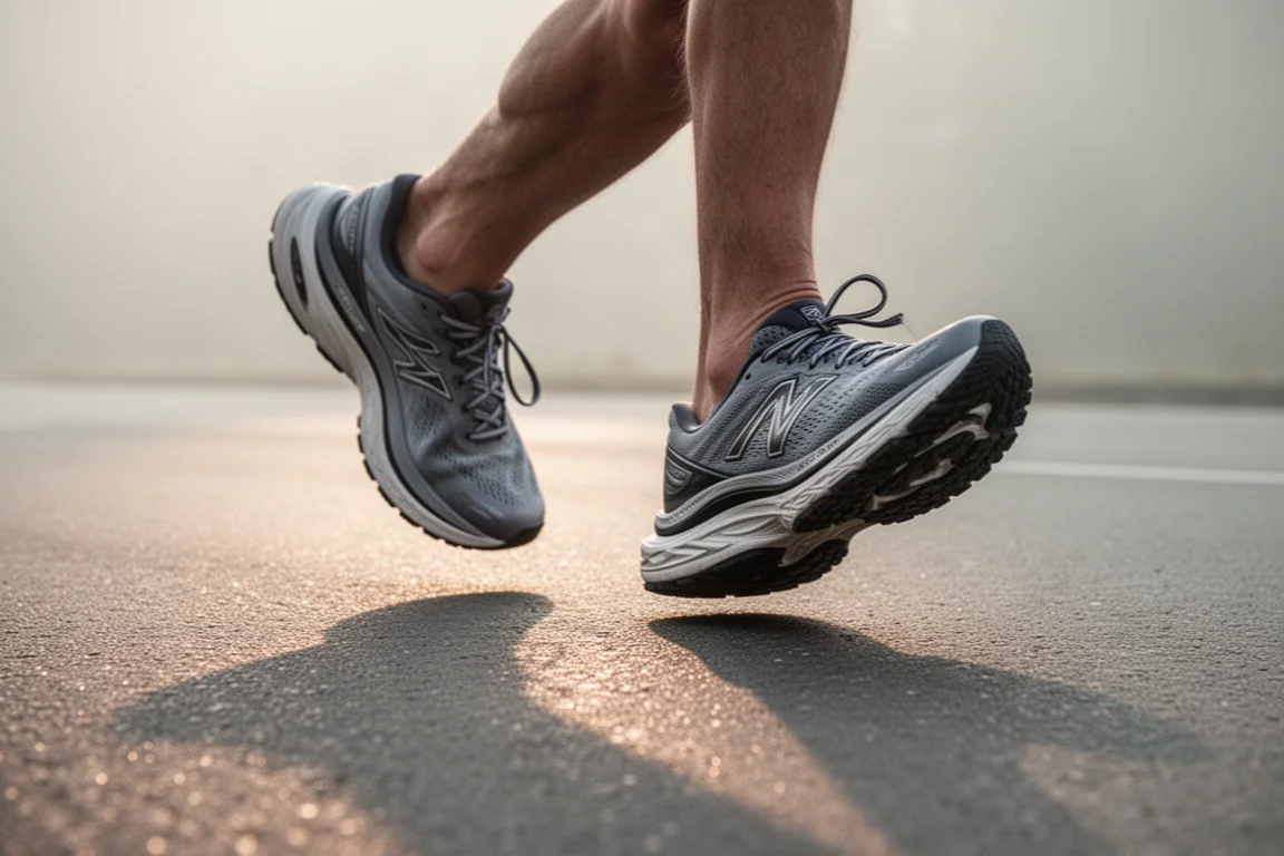 Piedi di un runner che toccano l'asfalto con scarpe ad alta ammortizzazione durante una corsa mattutina facile