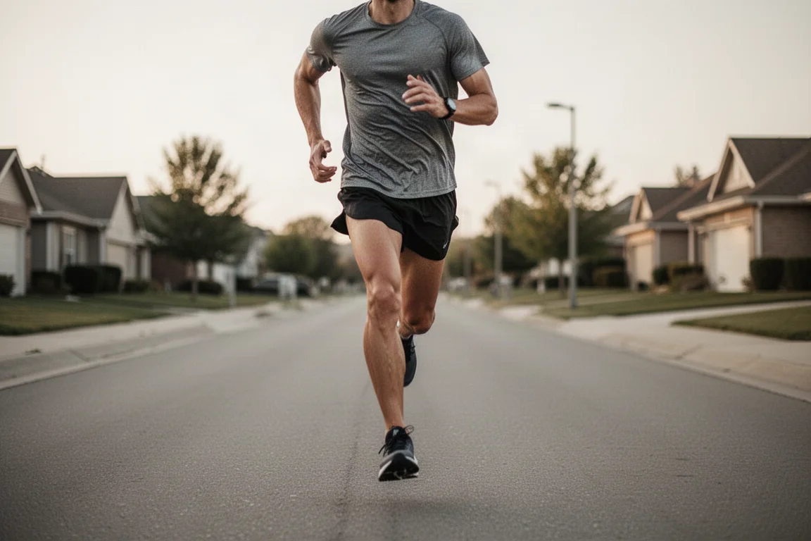 Runner che allunga il passo su una strada dritta con scarpe leggere